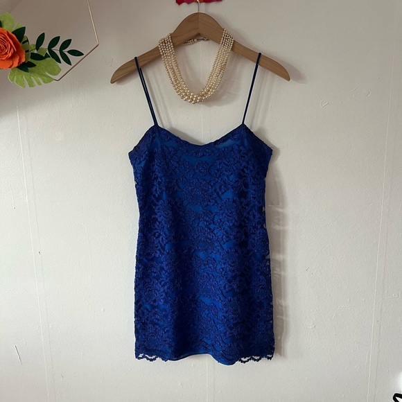 EUC VTG 90s slip M Bretton’s Private Label bright cobalt blue lace overlay MINT - Picture 1 of 16